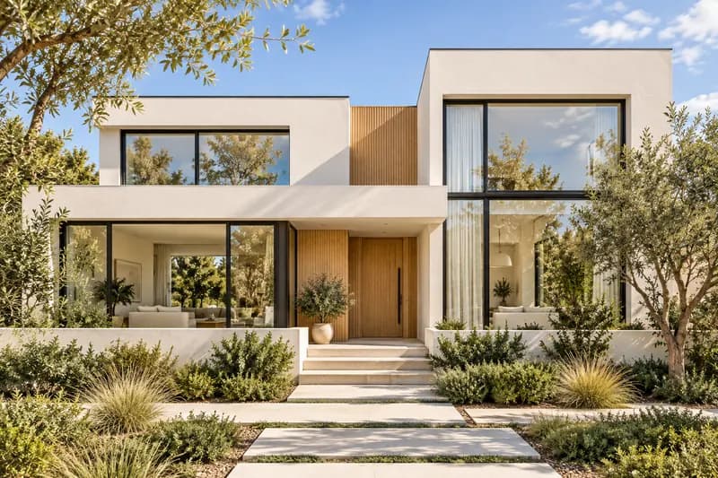 A white modern house with a pool in daylight