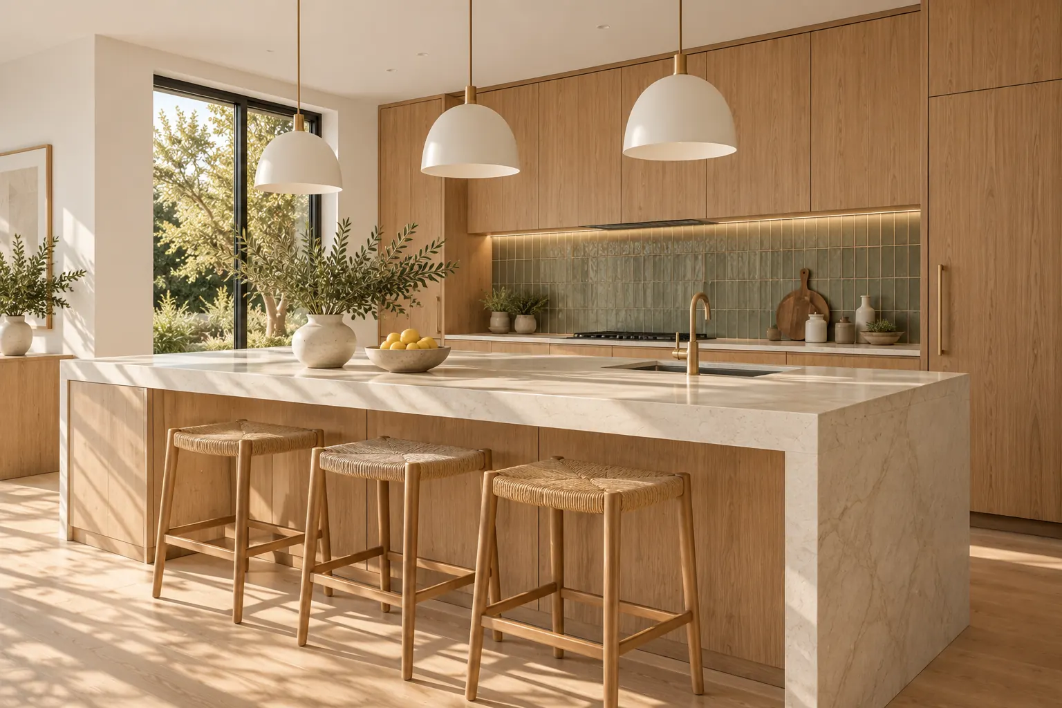 The kitchen of 18 Alder Lane: oak cabinetry, a stone island and woven stools in morning light
