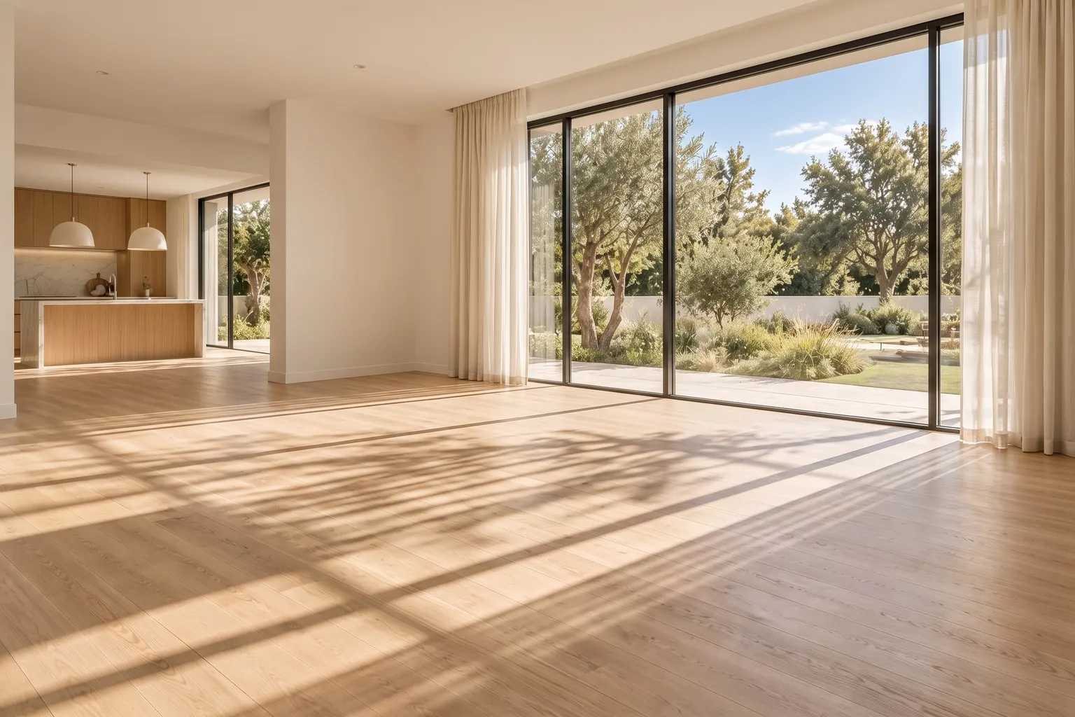 An empty living room with oak floors, sheer curtains and a wall of glass onto the garden