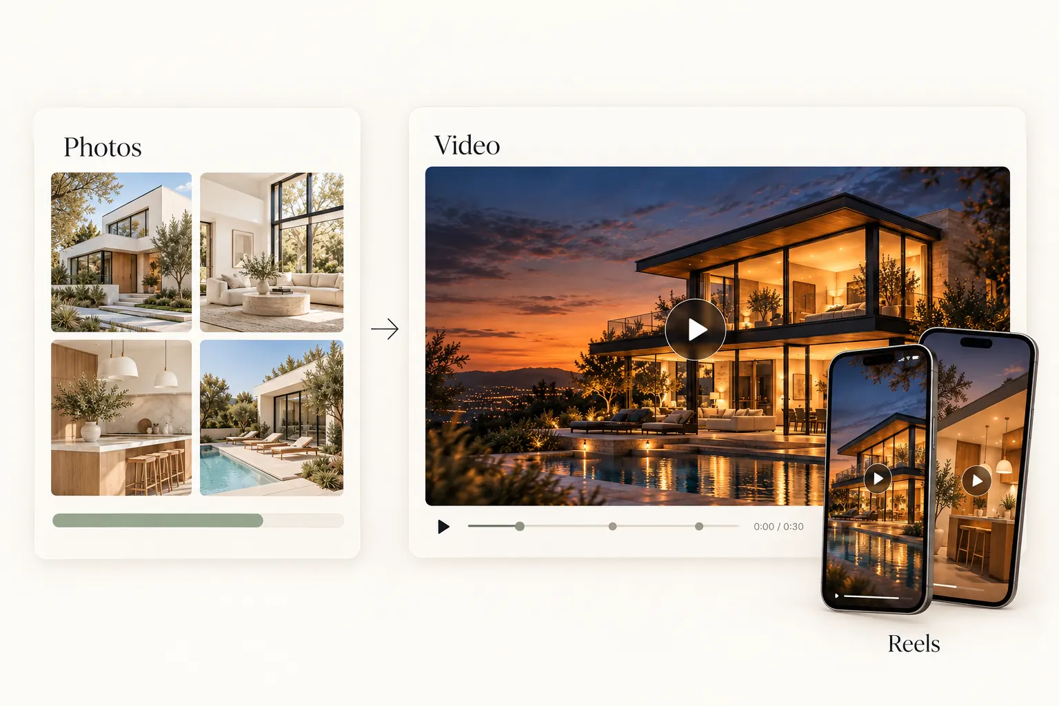 Four listing photos turning into a film and two vertical reels on phones