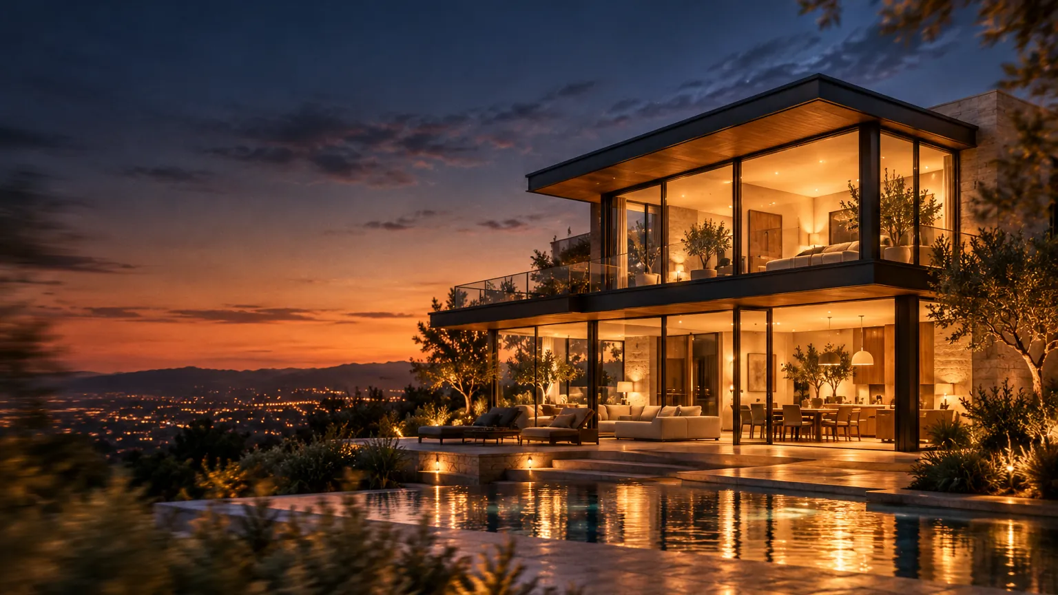 A modern glass home at blue hour, every window glowing amber, reflected in a still pool