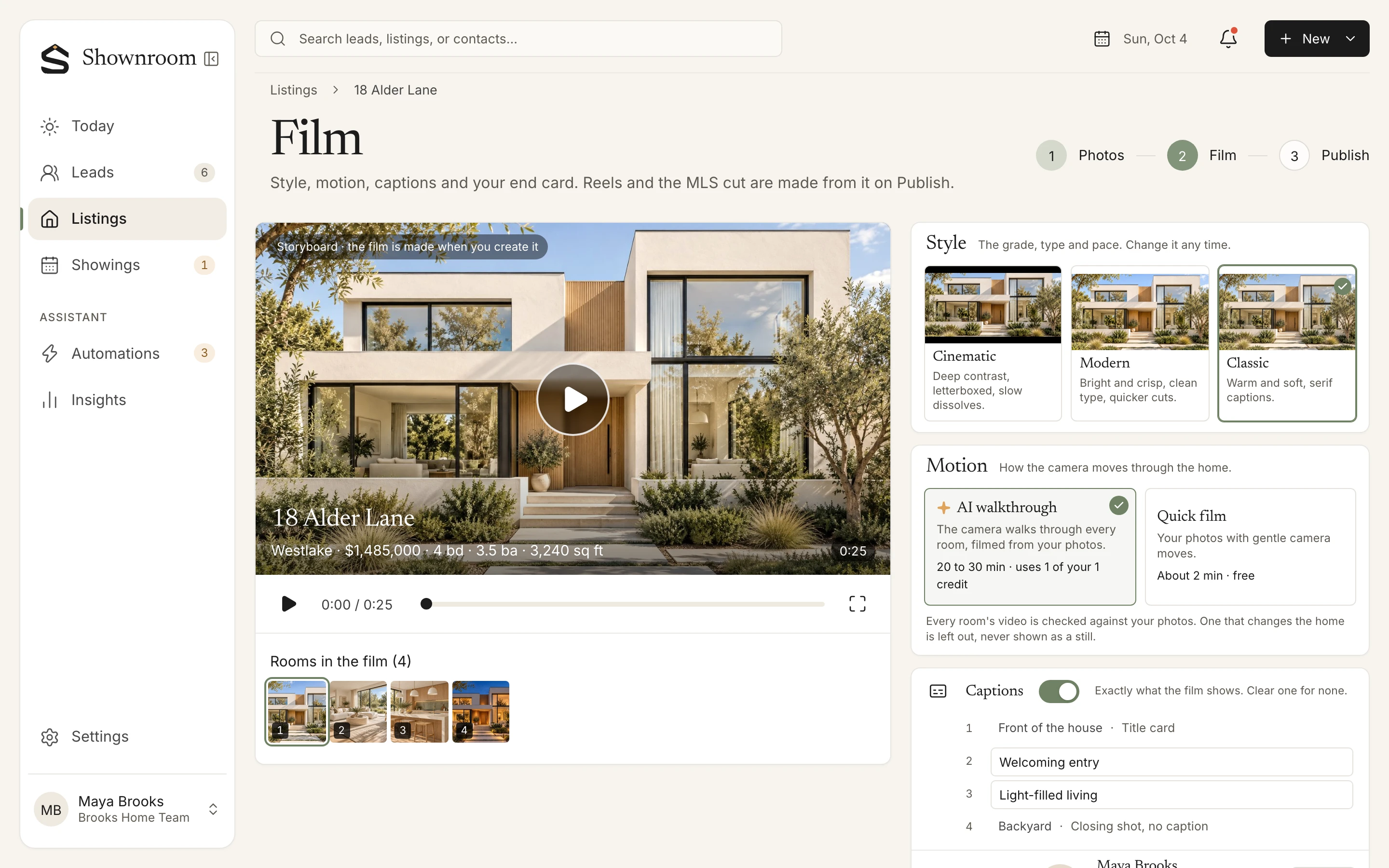 The Film step in Shownroom: the storyboard of 18 Alder Lane, each room's caption ready to edit, the AI walkthrough switch and the agent's end card